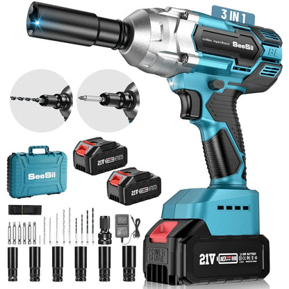 3 in 1 Cordless Impact Wrench Set | Brushless Motor, 2 Batteries, Sockets, Drill and Screwdriver Kit