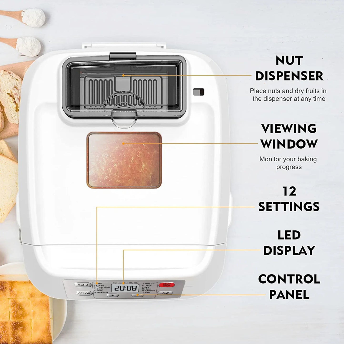 2LB Automatic Bread Maker | 12 Functions, Fruit Nut Dispenser, Timer, Gluten Free, 3 Crust Options