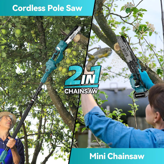 2 in 1 Cordless Pole Saw and Mini Chainsaw | 16ft Reach, Electric Tree Trimmer with Extension Pole and Batteries