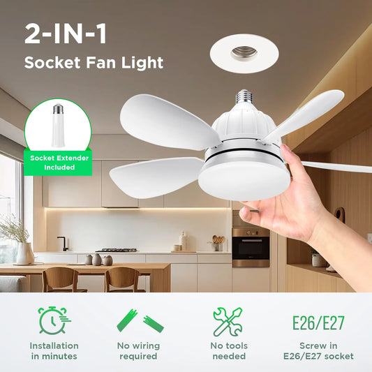 Socket Ceiling Fan Light with Remote E27 Base Dimmable LED 3 Speed Adjustable Fan